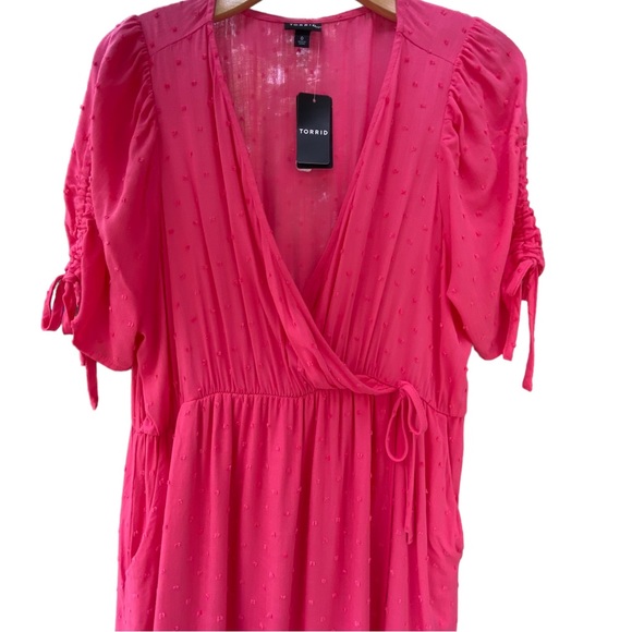 TORRID Pink Midi Swiss Surplice Faux Wrap Elastic Waist Short Sleeve Dress NWT - Picture 2 of 8